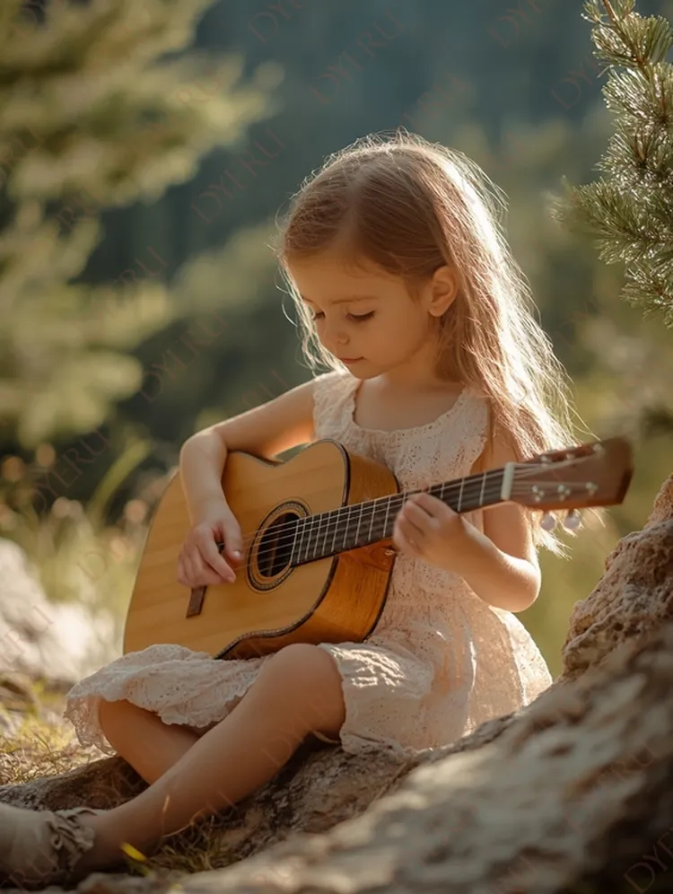 Mała dziewczynka grająca na gitarze w lesie w promieniach słońca