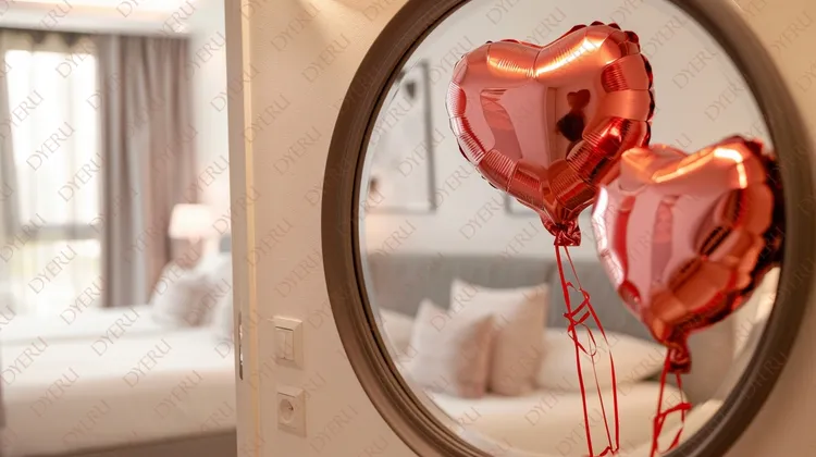 Romantyczne serca: balony w lustrze w eleganckim wnętrzu hotelowym