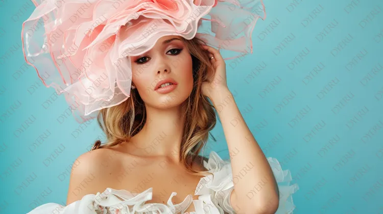 Elegancka modelka w kreatywnym kapeluszu na tle niebieskim