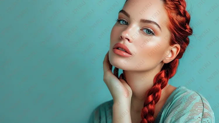 Portret młodej kobiety z rudymi włosami w warkoczu na tle w kolorze miętowym
