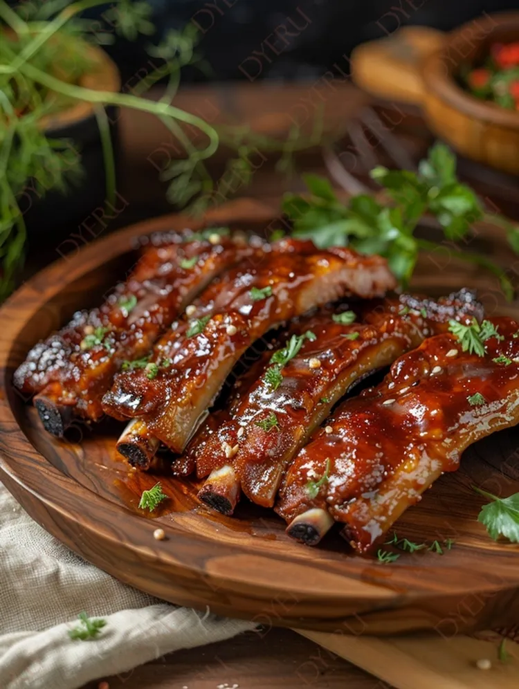 Soczyste żeberka w sosie barbecue na drewnianym talerzu z ziołami i przyprawami