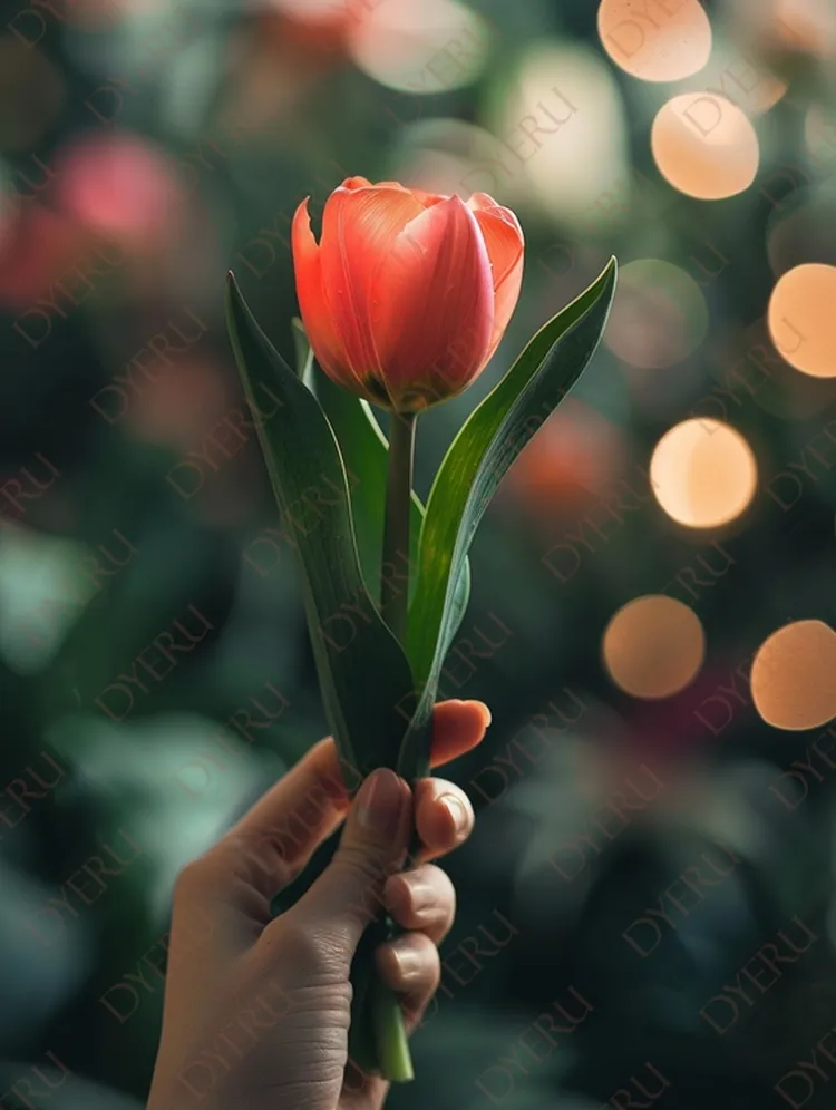 Różowa tulipan w dłoni na tle rozmytych świateł bokeh