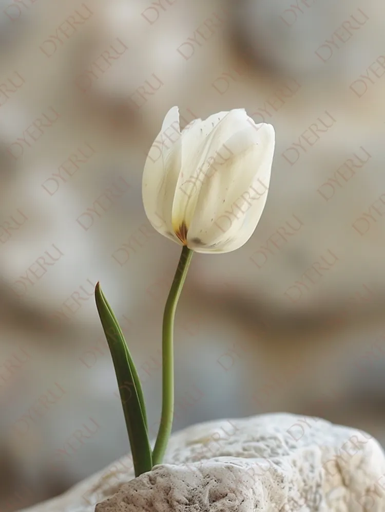 Biała tulipan na tle naturalnego kamienia